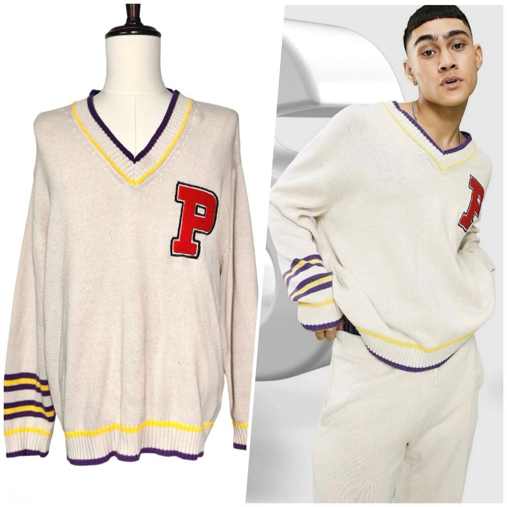 ASOS Design | Men | Collegiate Oversized P Monogrammed Knit Sweater | Medium